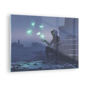 Cuadro sobre vidrio - Impresiones sobre Vidrio - Una figura en la oscuridad rodeada de pájaros verdes flotantes. - 70x50cm - La vida volverá - Decoración de pared moderna para salón y dormitorio ARTTOR