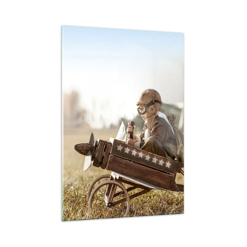 Cuadro sobre vidrio - Impresiones sobre Vidrio - Un niño en un avión de madera, pretendiendo ser piloto, vistiendo ropa de aviador. - 50x70cm - Despegue hacia un sueño - Decoración de pared moderna para salón y dormitorio ARTTOR