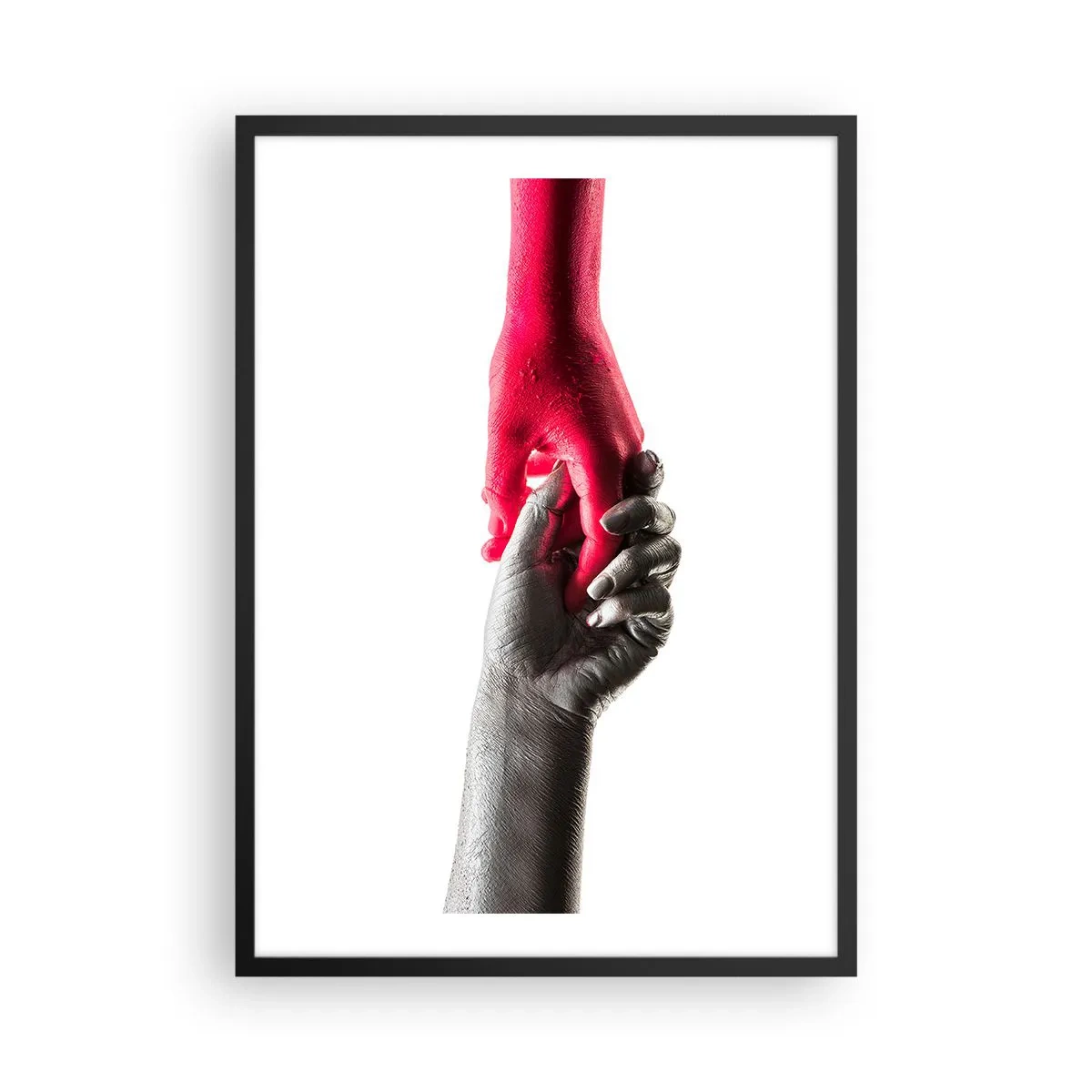 Póster en marco negro - Manos simbólicas en rojo y plata sobre fondo blanco. - 50x70cm - Juntos, aunque diferentes - Decoración de pared moderna para salón y dormitorio ARTTOR