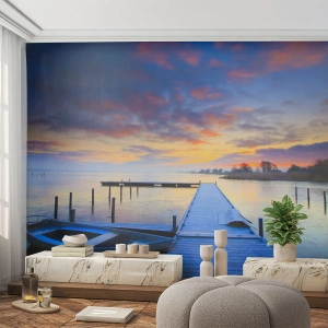 Fotomural Autadhesivo Deluxe Sticker - Calma púrpura y dorada - Paisaje, Lago, Bote - 100x70 cm