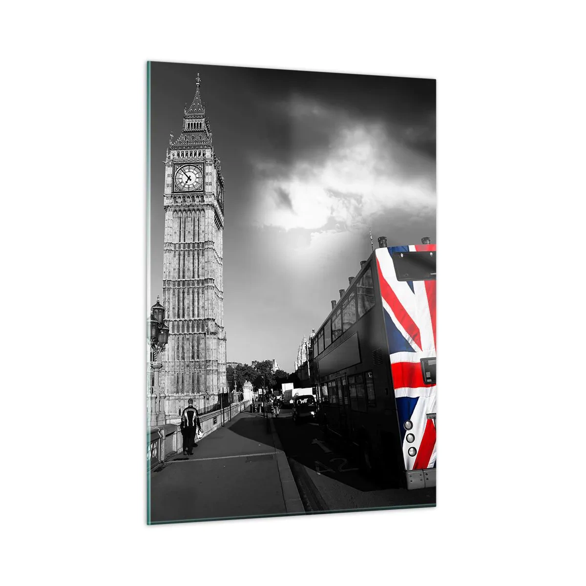 Cuadro sobre vidrio - Impresiones sobre Vidrio - El Big Ben y un autobús con bandera británica - 50x70cm - Orgullosa y grandiosa - Decoración de pared moderna para salón y dormitorio ARTTOR