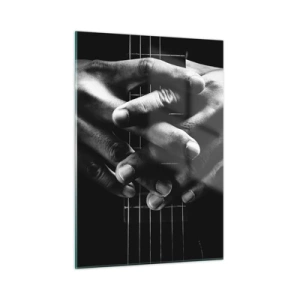 Cuadro sobre vidrio - Impresiones sobre Vidrio - Manos juntas apoyadas sobre el mástil de la guitarra en blanco y negro - 50x70cm - La oración del artista - Decoración de pared moderna para salón y dormitorio ARTTOR