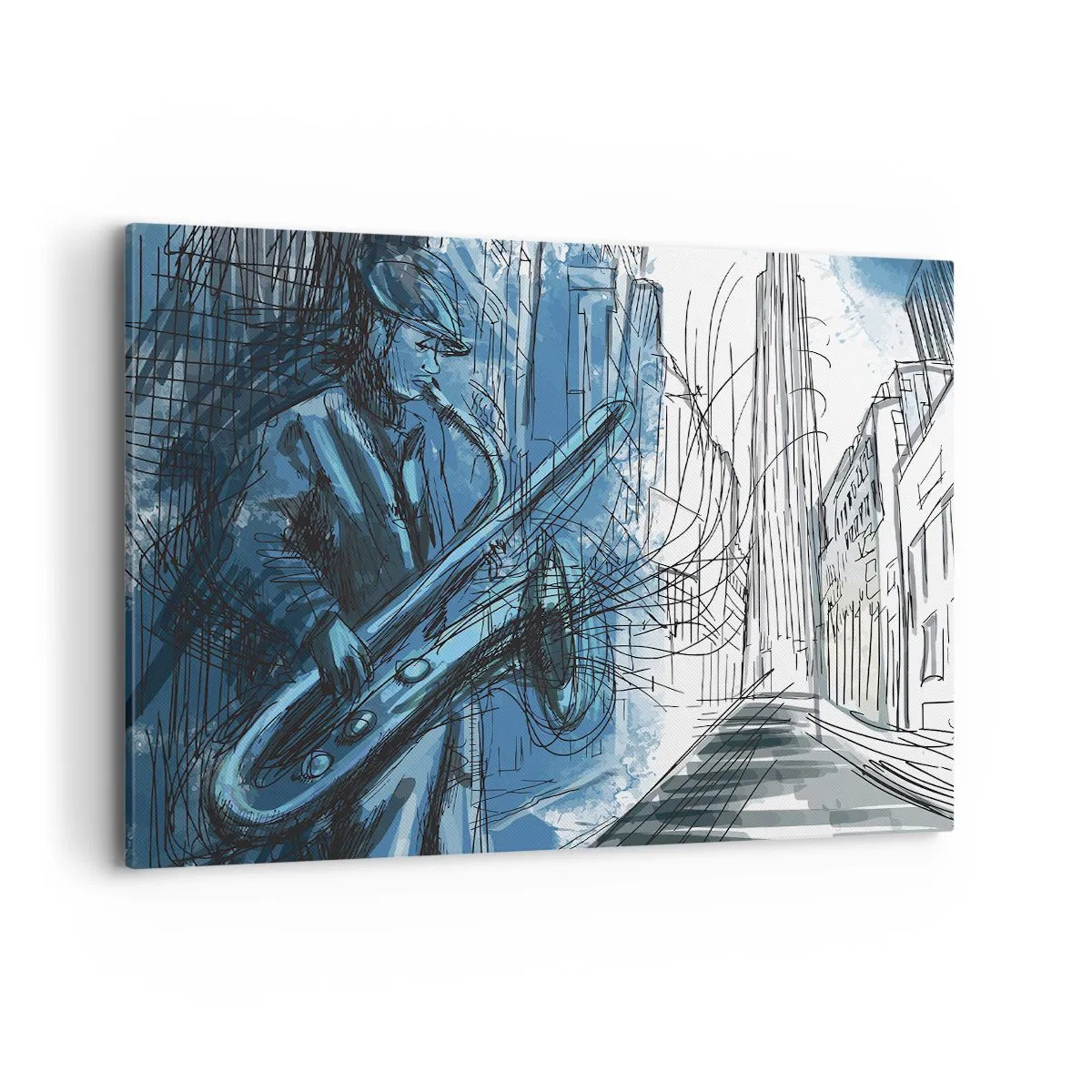 Cuadro sobre lienzo - Impresión de Imagen - Una figura tocando el saxofón con una ciudad como telón de fondo. - 120x80cm - Rapsodia urbana - Decoración de pared moderna para salón y dormitorio ARTTOR
