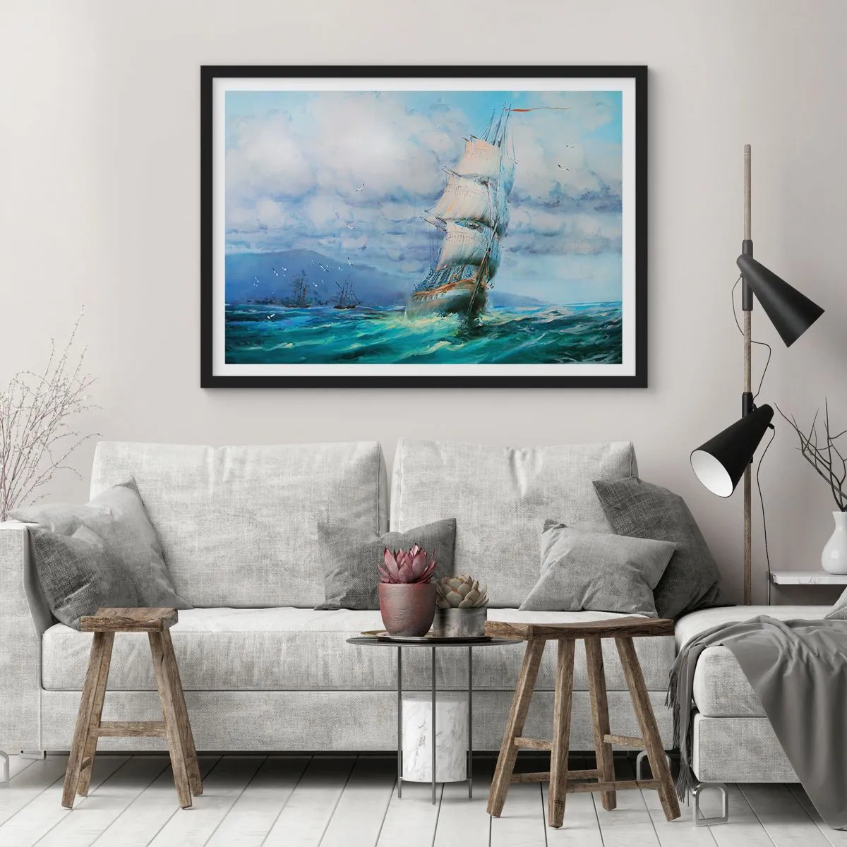 Póster en marco negro - Un barco en un mar tempestuoso - 100x70cm - Viento en popa - Decoración de pared moderna para salón y dormitorio ARTTOR