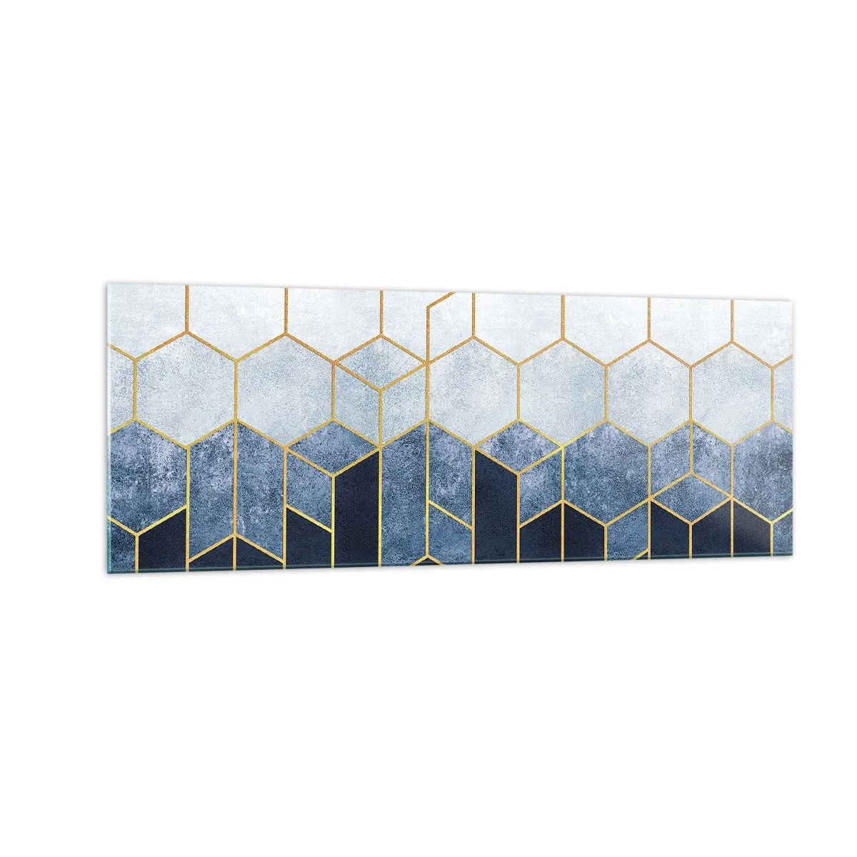 Cuadro sobre vidrio - Impresiones sobre Vidrio - Patrón geométrico en tonos dorados y azul marino. - 140x50cm - Composición rítmica visual - Decoración de pared moderna para salón y dormitorio ARTTOR