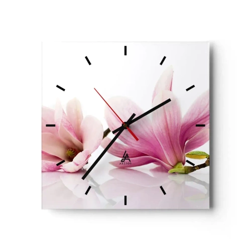 Reloj de pared - Reloj de vidrio - Delicadas magnolias rosas sobre un fondo blanco. - 30x30cm - Suave como un soplo de primavera - Decoración de pared moderna para salón y dormitorio ARTTOR