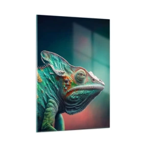 Cuadro sobre vidrio - Impresiones sobre Vidrio - Un camaleón colorido sobre un fondo borroso bajo una luz intensa. - 50x70cm - ¿Puedes verme? No está bien... - Decoración de pared moderna para salón y dormitorio ARTTOR