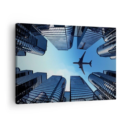 Cuadro sobre lienzo - Impresión de Imagen - Un avión volando sobre modernos rascacielos en el centro de la ciudad. - 70x50cm - La vista desde el abismo de cristal - Decoración de pared moderna para salón y dormitorio ARTTOR