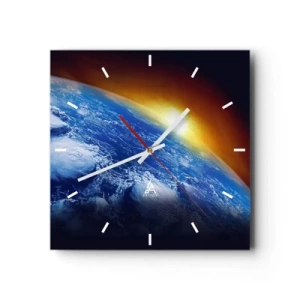 Reloj de pared - Reloj de vidrio - Vista de la Tierra desde el espacio al atardecer - 30x30cm - Amanecer en un planeta azul - Decoración de pared moderna para salón y dormitorio ARTTOR