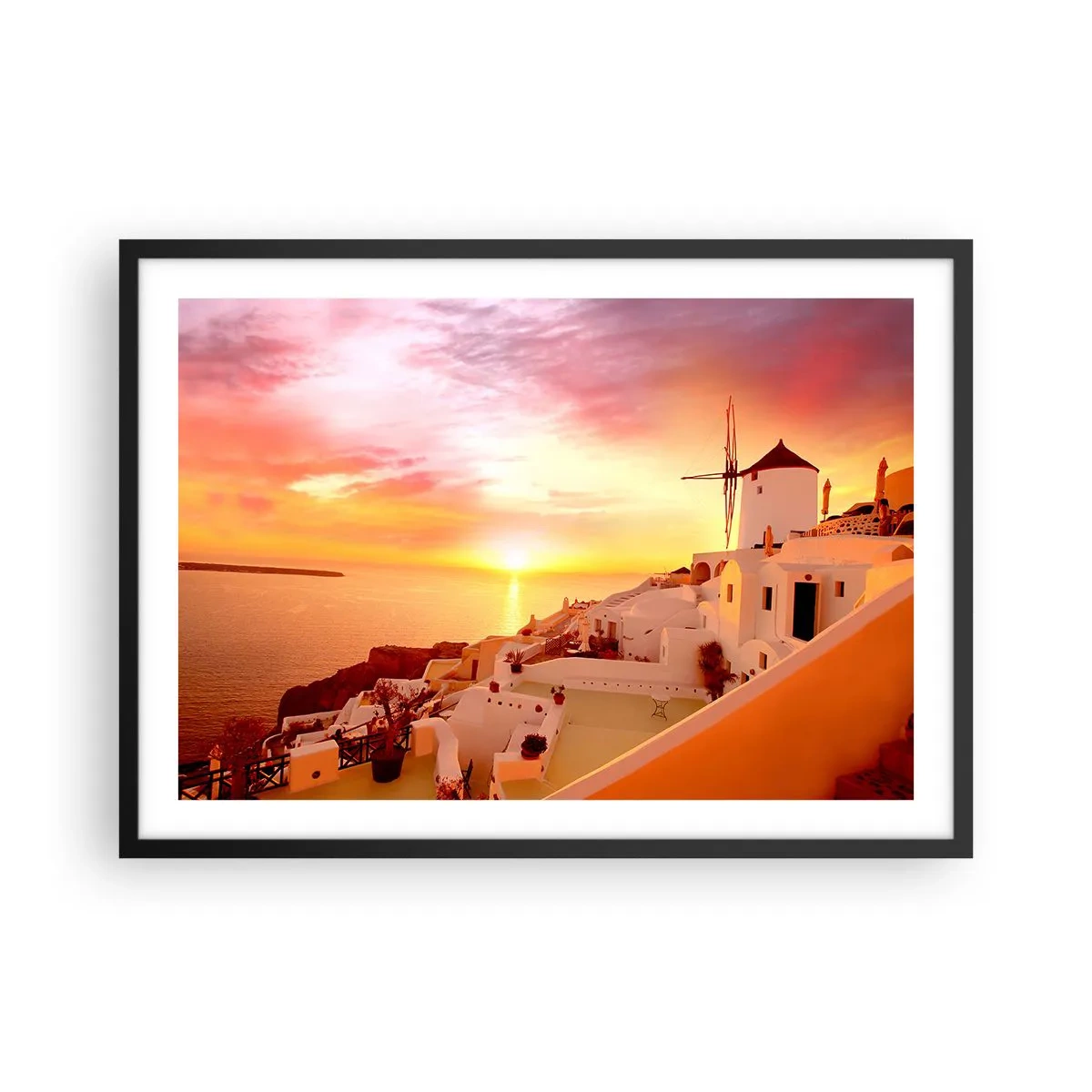 Póster en marco negro - Santorini al atardecer con un molino de viento - 70x50cm - Blanco y dorado - Decoración de pared moderna para salón y dormitorio ARTTOR