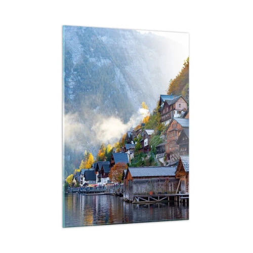 Cuadro sobre vidrio - Impresiones sobre Vidrio - Una mañana de otoño en un pueblo de montaña junto a un lago. - 50x70cm - Ambiente alpino - Decoración de pared moderna para salón y dormitorio ARTTOR