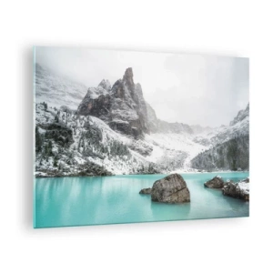 Cuadro sobre vidrio - Impresiones sobre Vidrio - Paisaje invernal con un lago turquesa - 70x50cm - En guardia - Decoración de pared moderna para salón y dormitorio ARTTOR