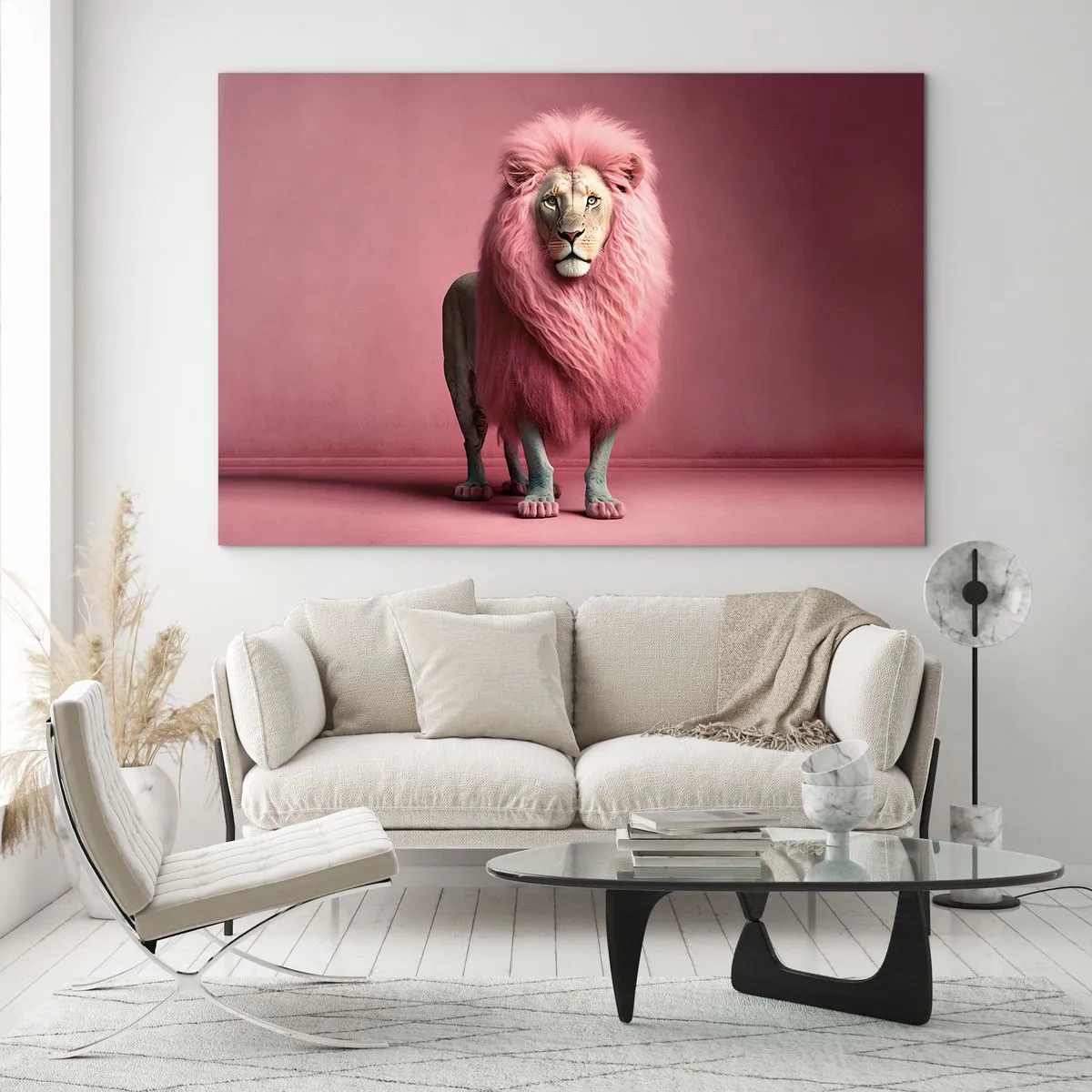 Cuadro sobre vidrio - Impresiones sobre Vidrio - Un león con melena rosa contra una pared de color pastel. - 70x50cm - Y ya no me tienes miedo - Decoración de pared moderna para salón y dormitorio ARTTOR