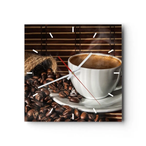 Reloj de pared - Reloj de vidrio - Una taza de café con granos sobre un fondo de bambú. - 30x30cm - La negrura del carbón, la transparencia del ámbar - Decoración de pared moderna para salón y dormitorio ARTTOR