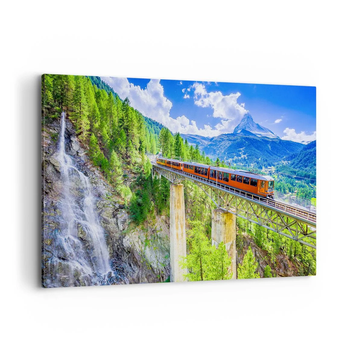 Cuadro sobre lienzo - Impresión de Imagen - Una montaña rusa en un puente con vistas a una cascada y montañas. - 120x80cm - Ferrocarril a los Alpes - Decoración de pared moderna para salón y dormitorio ARTTOR