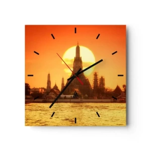 Reloj de pared - Reloj de vidrio - Puesta de sol sobre el templo con reflejo en el agua. - 30x30cm - Hacia el sol, siempre hacia el sol - Decoración de pared moderna para salón y dormitorio ARTTOR