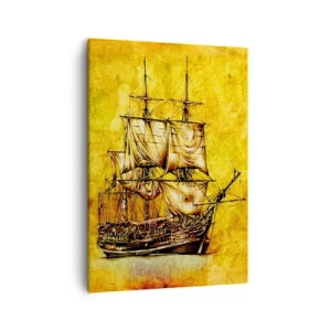 Cuadro sobre lienzo - Impresión de Imagen - Un dibujo estilizado de un velero sobre un fondo dorado con un toque vintage. - 50x70cm - ¡Rumbo a la isla Tortuga! - Decoración de pared moderna para salón y dormitorio ARTTOR