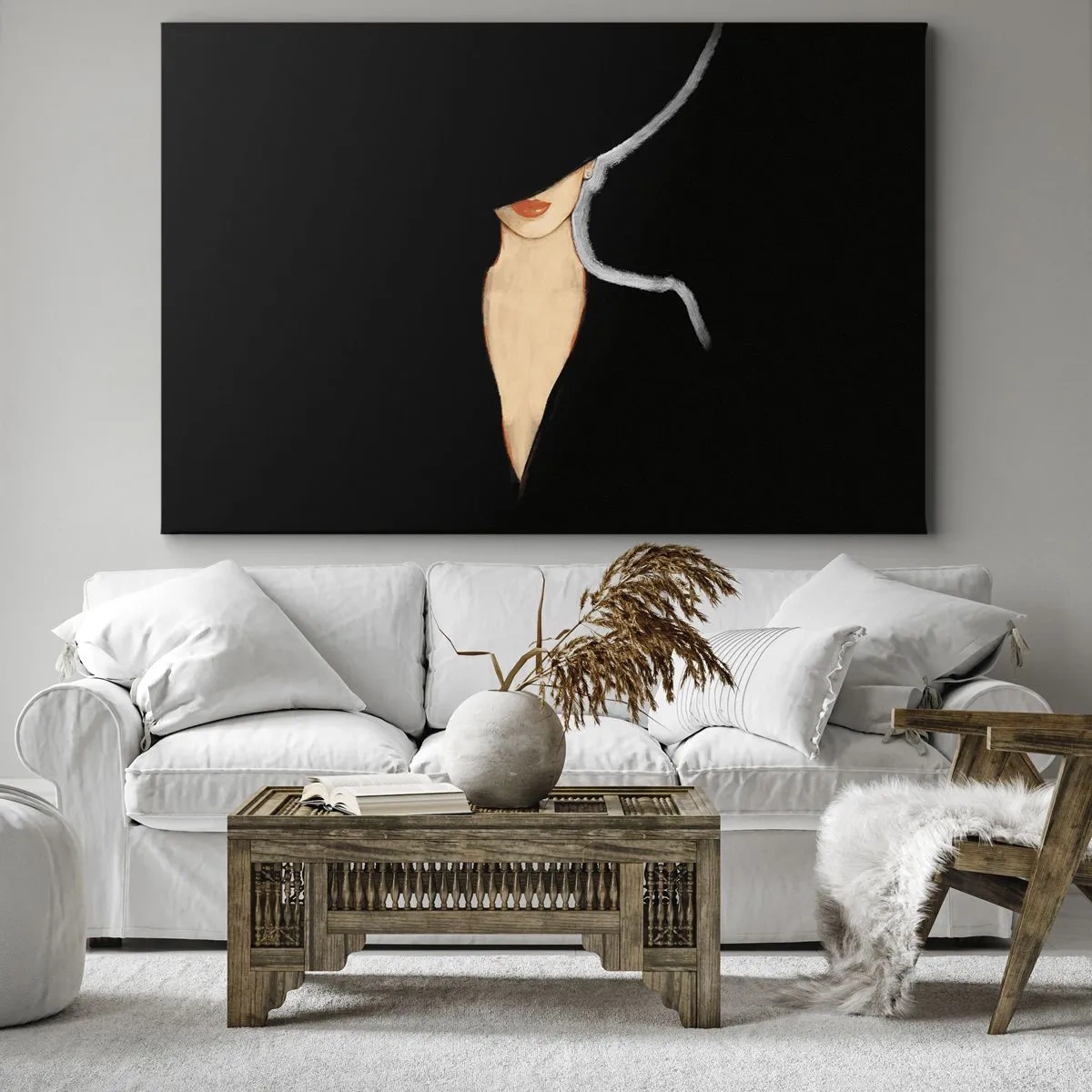 Cuadro sobre lienzo - Impresión de Imagen - Silueta de una mujer con sombrero sobre un fondo negro - 120x80cm - Elegancia y estilo - Decoración de pared moderna para salón y dormitorio ARTTOR