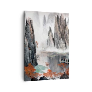 Cuadro sobre lienzo - Impresión de Imagen - Rocas y árboles pintorescos en el brumoso paisaje chino - 50x70cm - Poderosos guardianes - Decoración de pared moderna para salón y dormitorio ARTTOR