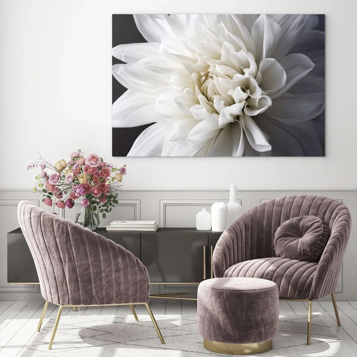 Cuadro sobre vidrio - Impresiones sobre Vidrio - Un primer plano de una dalia blanca sobre un fondo negro y gris. - 120x80cm - La novia de la mañana - Decoración de pared moderna para salón y dormitorio ARTTOR
