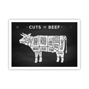 Póster - Diagrama de cortes de carne de res sobre un fondo negro - 100x70cm - Manual del carnicero - Decoración de pared moderna para salón y dormitorio ARTTOR