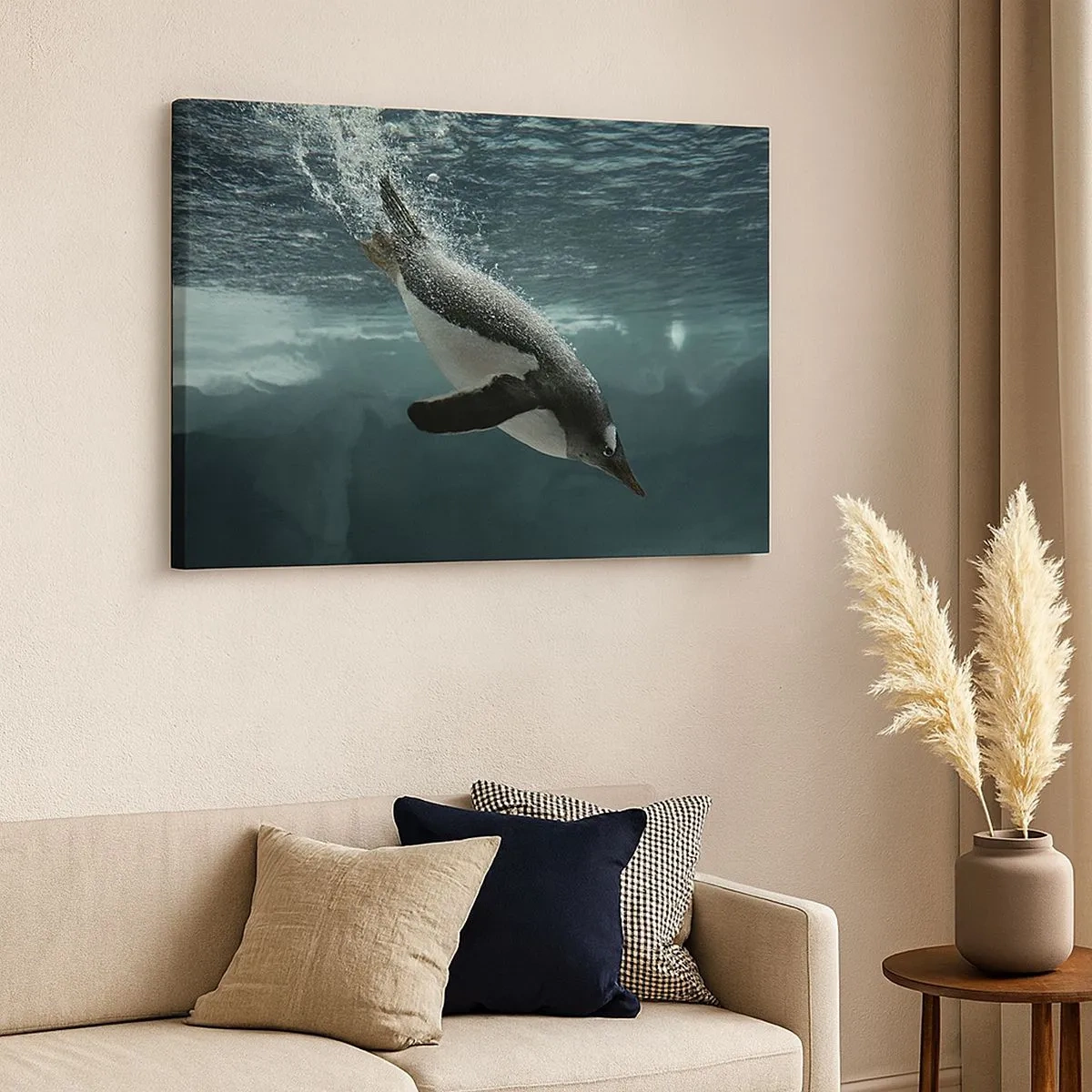 Cuadro sobre lienzo - Impresión de Imagen - Un pingüino sumergiéndose en las profundidades del agua helada. - 70x50cm - Bienvenido a mi mundo - Decoración de pared moderna para salón y dormitorio ARTTOR