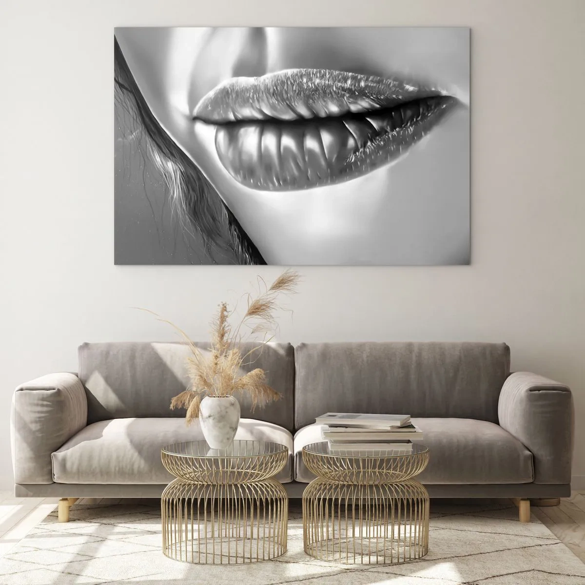 Cuadro sobre vidrio - Impresiones sobre Vidrio - Labios sensuales y femeninos en tonos monocromáticos. - 120x80cm - Sé lo que estás pensando... - Decoración de pared moderna para salón y dormitorio ARTTOR