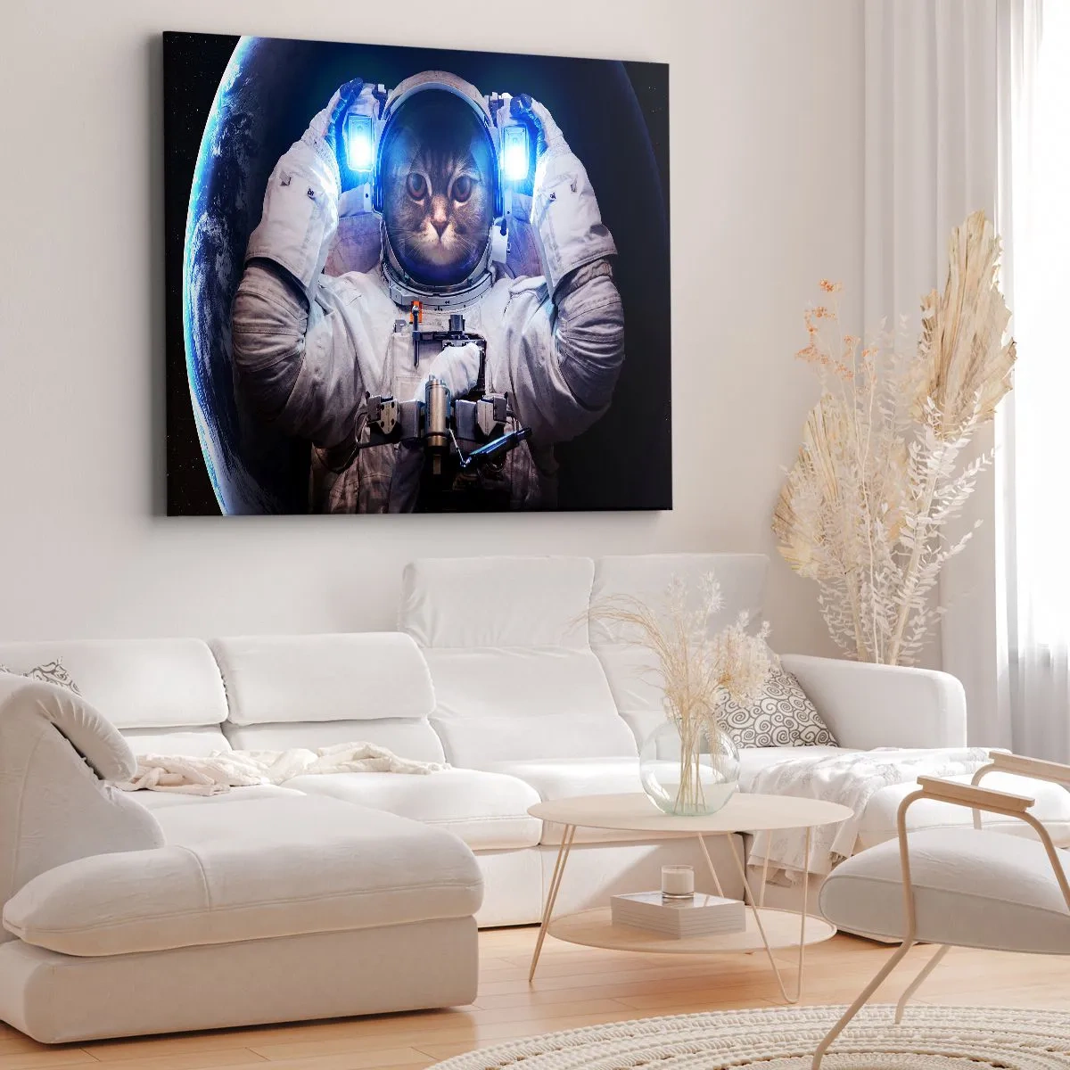 Cuadro sobre lienzo - Impresión de Imagen - Un gato en un traje de astronauta con la Tierra al fondo y una luz brillante. - 70x50cm - Houston, tienes un problema. - Decoración de pared moderna para salón y dormitorio ARTTOR