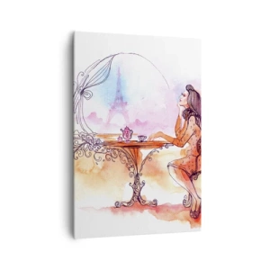 Cuadro sobre lienzo - Impresión de Imagen - Acuarela romántica de una mujer en un café con vistas a una torre. - 70x100cm - Estilo parisino - Decoración de pared moderna para salón y dormitorio ARTTOR