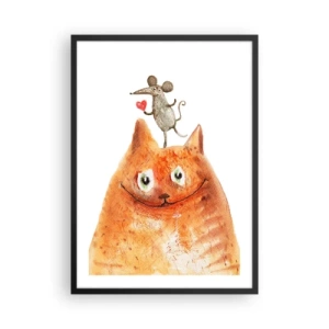 Póster en marco negro - Un gato con un ratón sosteniendo un corazón en su cabeza. - 50x70cm - Paradojas del amor - Decoración de pared moderna para salón y dormitorio ARTTOR