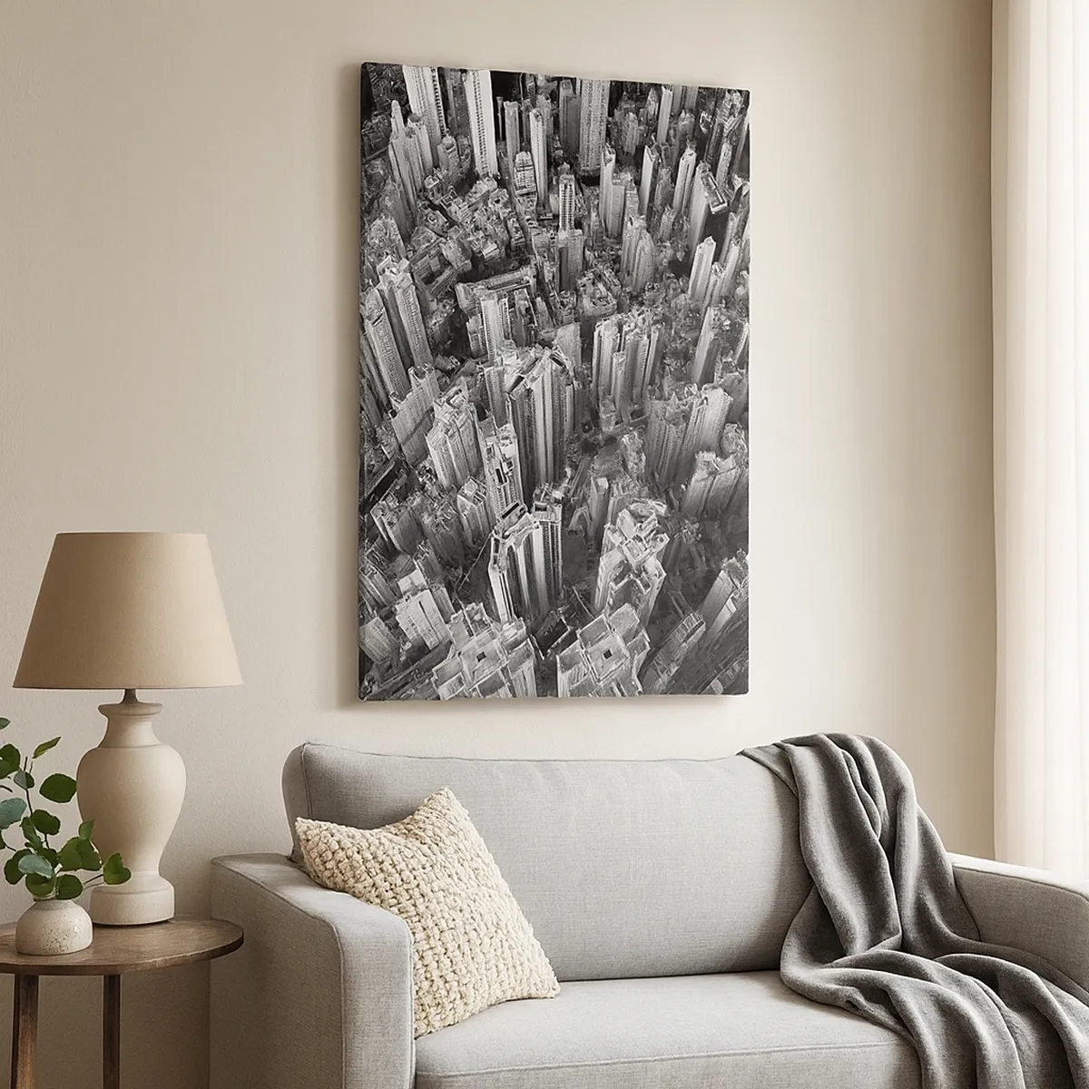 Cuadro sobre lienzo - Impresión de Imagen - Vista aérea de la ciudad en blanco y negro - 50x70cm - Cada vez más alto - Decoración de pared moderna para salón y dormitorio ARTTOR