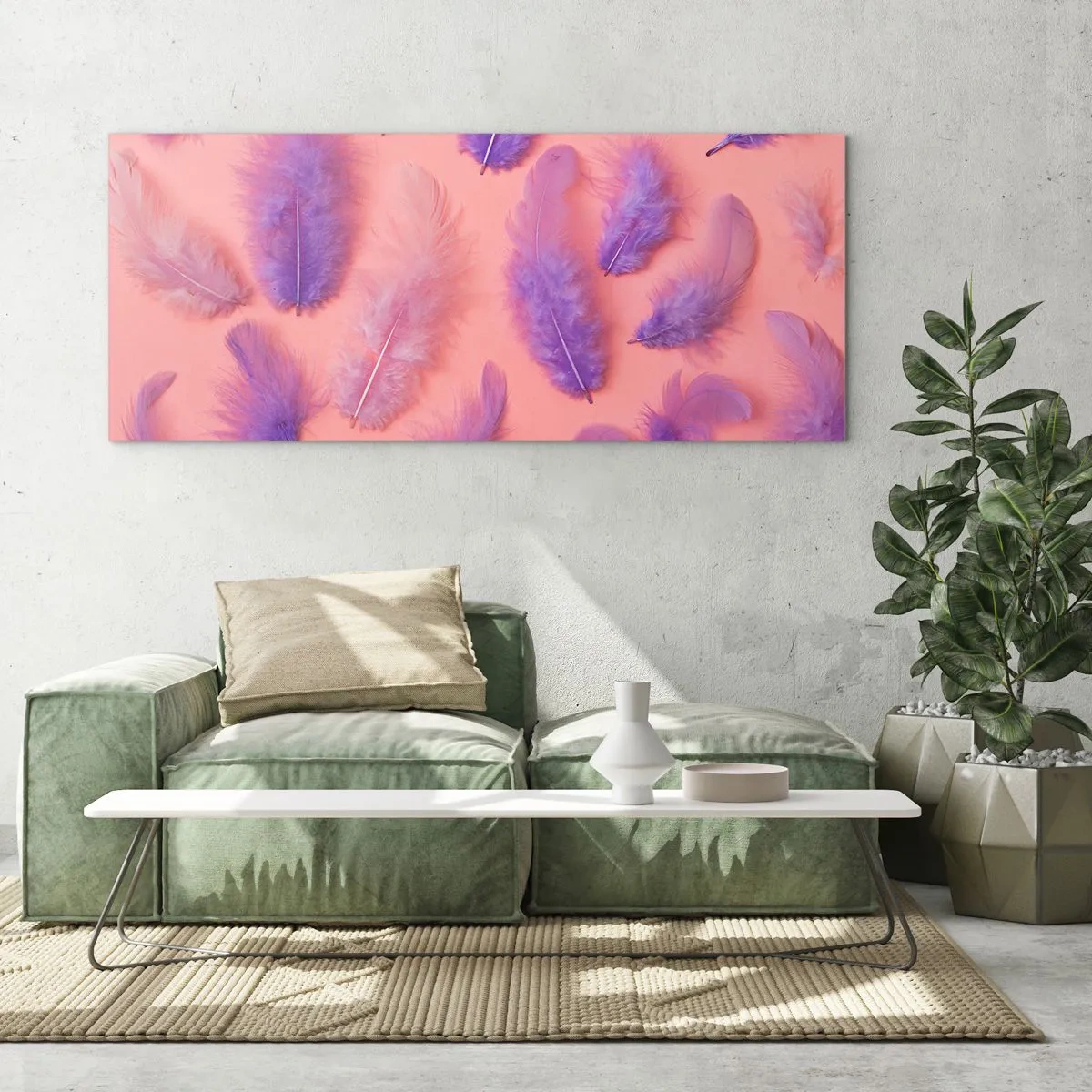 Cuadro sobre vidrio - Impresiones sobre Vidrio - Plumas moradas y rosas sobre un fondo pastel. - 140x50cm - Un pájaro lila del deseo - Decoración de pared moderna para salón y dormitorio ARTTOR