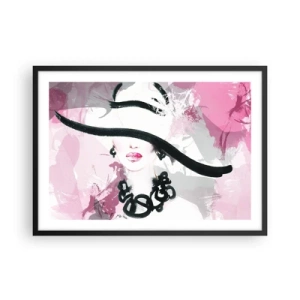 Póster en marco negro - Una mujer elegante con sombrero sobre un fondo de abstracciones rosas. - 70x50cm - Retrato de una dama en negro y rosa - Decoración de pared moderna para salón y dormitorio ARTTOR
