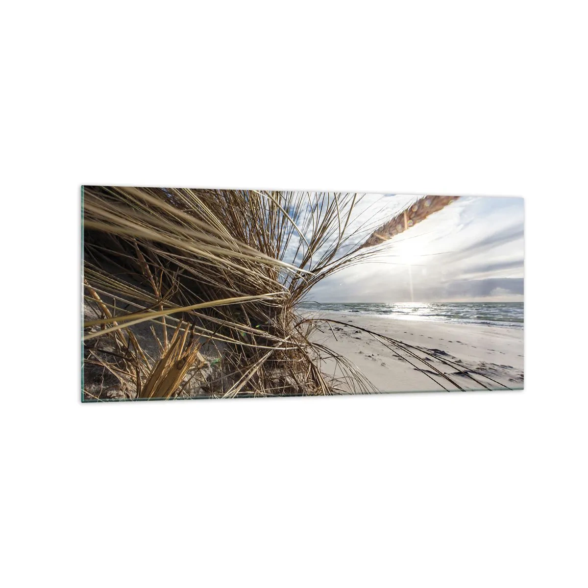 Cuadro sobre vidrio - Impresiones sobre Vidrio - Una playa con hierba seca en las dunas y vistas al mar. - 120x50cm - Una reunión de los elementos - Decoración de pared moderna para salón y dormitorio ARTTOR