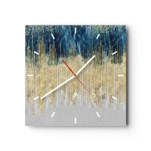 Reloj de pared - Reloj de vidrio - Líneas doradas sobre un fondo de abstracción azul marino y gris. - 30x30cm - Frontera de líneas doradas - Decoración de pared moderna para salón y dormitorio ARTTOR