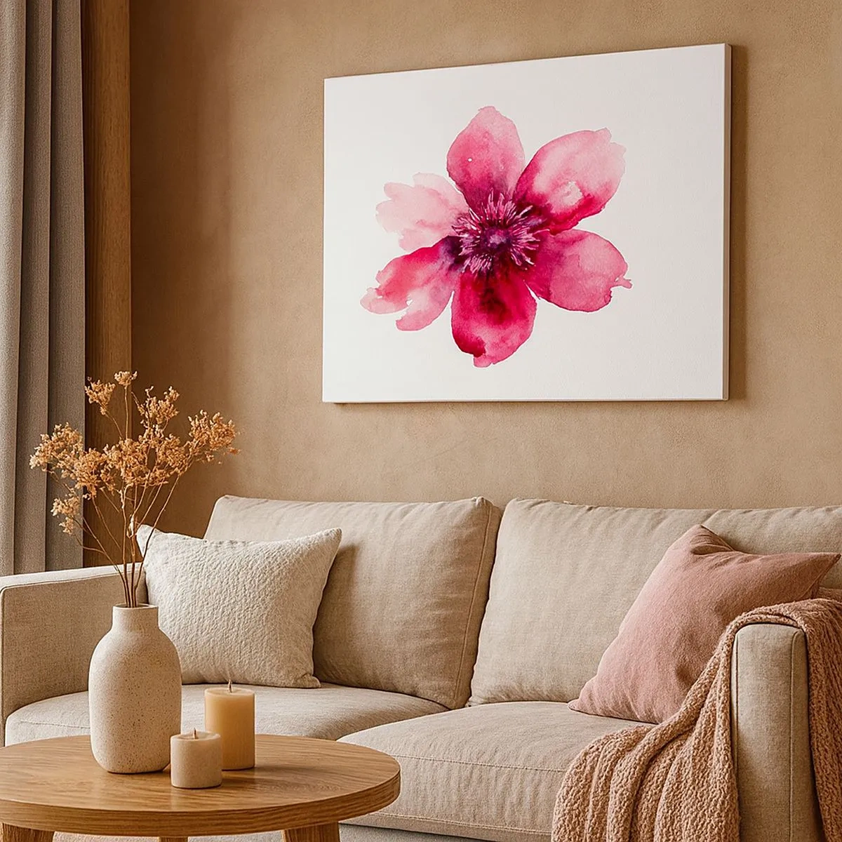 Cuadro sobre lienzo - Impresión de Imagen - Flor rosa en estilo acuarela sobre fondo blanco. - 70x50cm - Un beso con aroma a carmín - Decoración de pared moderna para salón y dormitorio ARTTOR