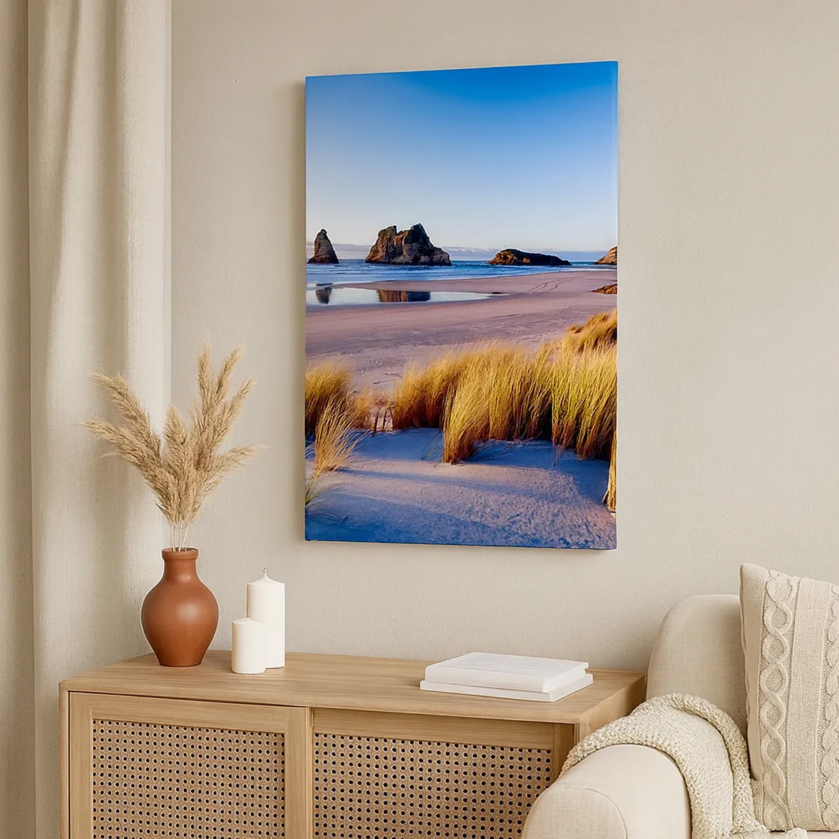 Cuadro sobre lienzo - Impresión de Imagen - Una playa pintoresca con vistas a las rocas y al mar al atardecer. - 50x70cm - Para buscadores de tranquilidad - Decoración de pared moderna para salón y dormitorio ARTTOR