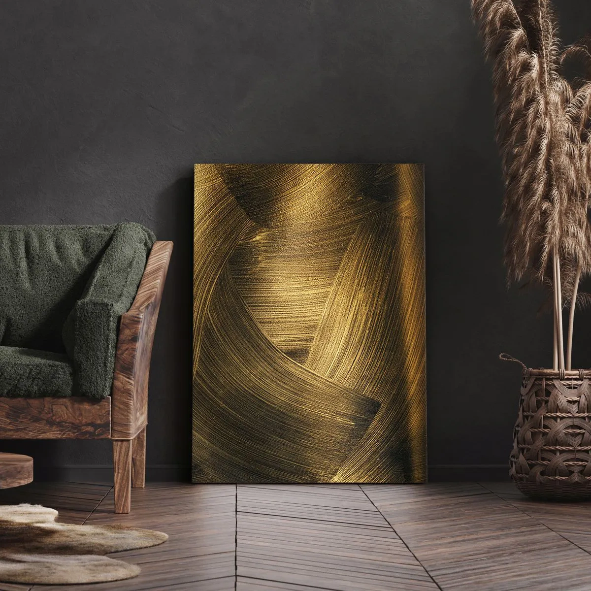 Cuadro sobre lienzo - Impresión de Imagen - Pinceladas abstractas doradas - 50x70cm - En un laberinto de oro - Decoración de pared moderna para salón y dormitorio ARTTOR