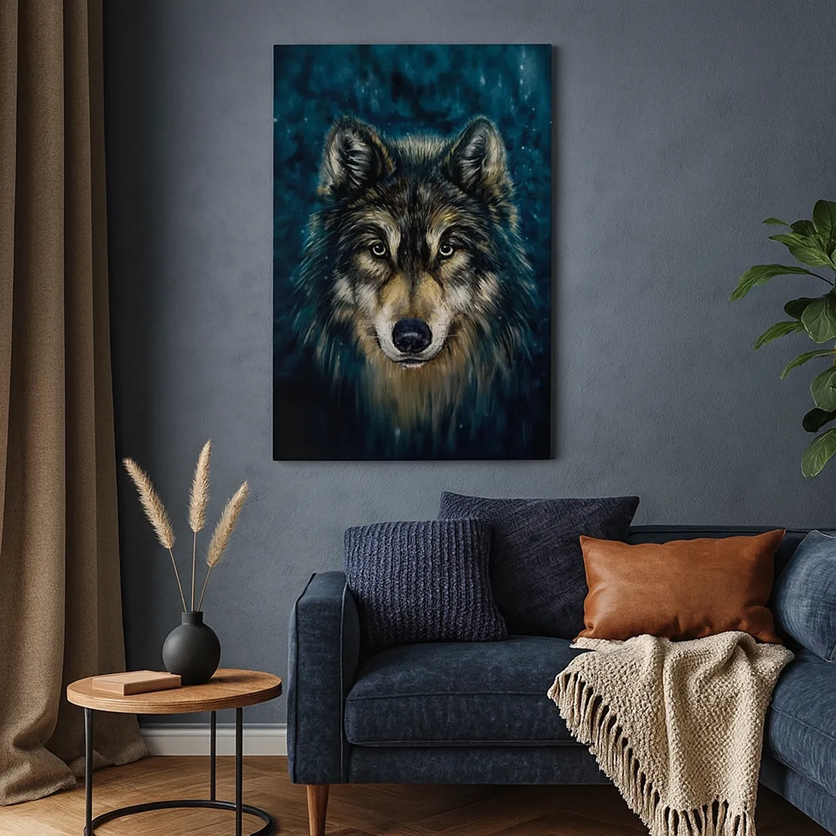 Cuadro sobre lienzo - Impresión de Imagen - Retrato de un lobo sobre un fondo azul oscuro - 50x70cm - ¿Alfa? Y omega - Decoración de pared moderna para salón y dormitorio ARTTOR
