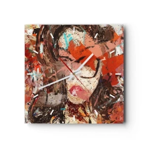 Reloj de pared - Reloj de vidrio - Retrato abstracto de una mujer en colores intensos. - 30x30cm - Nadie sabe cómo eres realmente - Decoración de pared moderna para salón y dormitorio ARTTOR