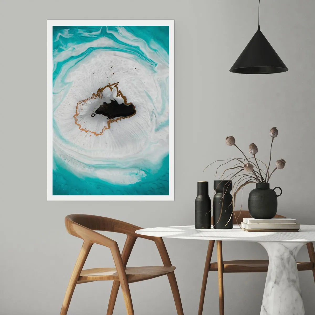 Póster - Un motivo abstracto en tonos turquesa y blanco con un toque dorado. - 50x70cm - Para acceder al interior - Decoración de pared moderna para salón y dormitorio ARTTOR