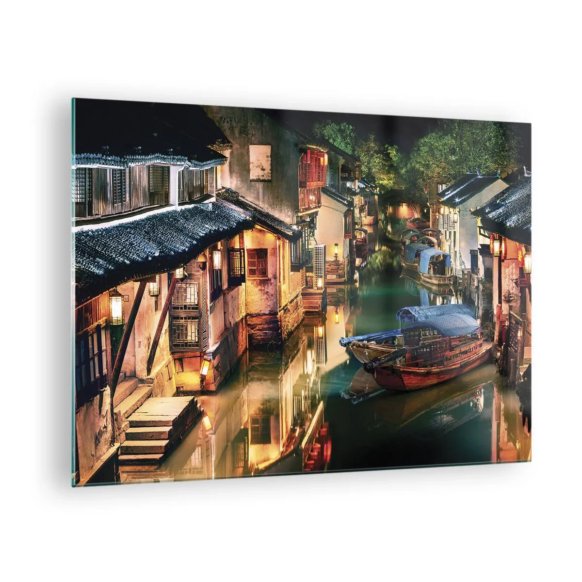 Cuadro sobre vidrio - Impresiones sobre Vidrio - Calle china de noche con barcos y luces a lo largo del canal. - 70x50cm - Noche en una calle china - Decoración de pared moderna para salón y dormitorio ARTTOR