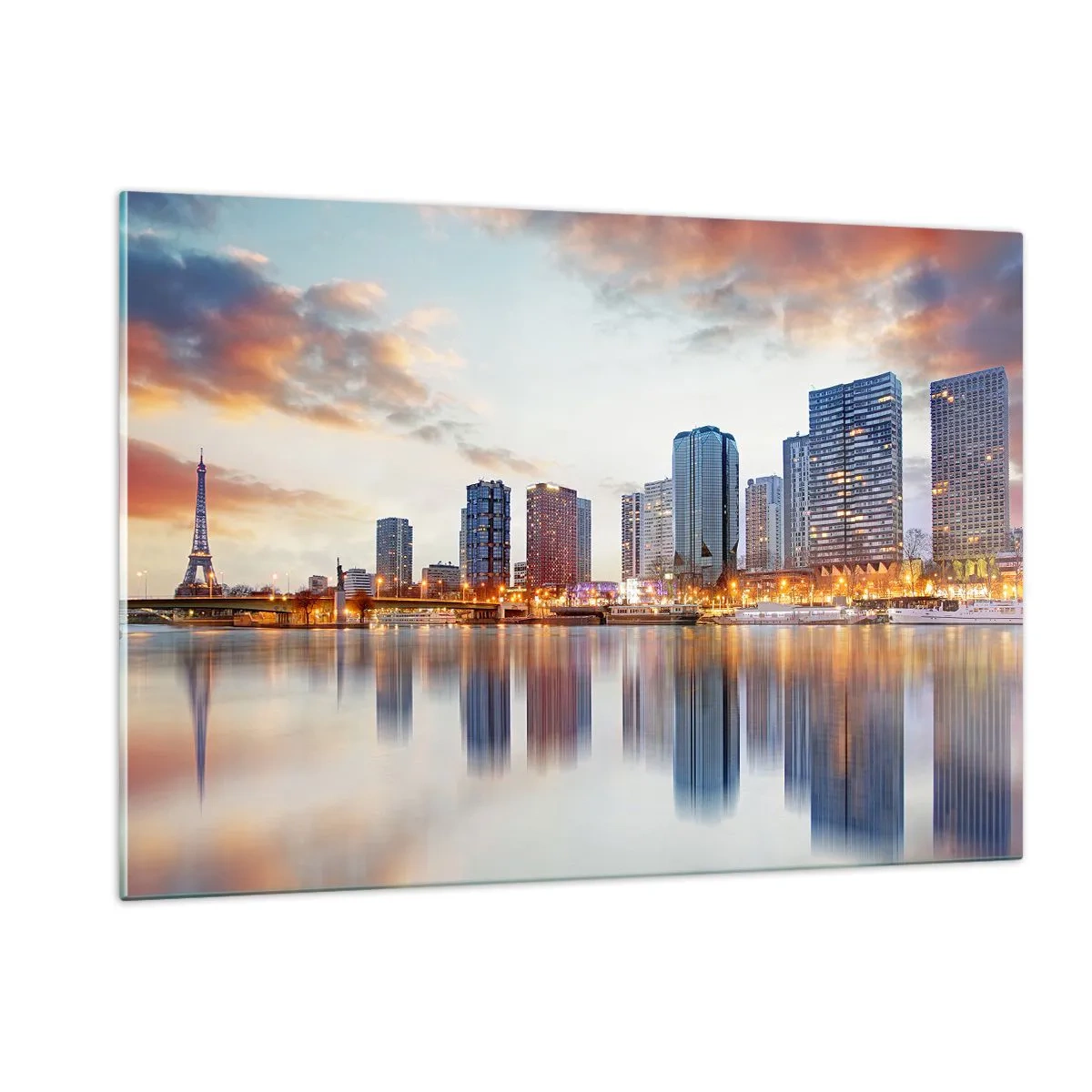 Cuadro sobre vidrio - Impresiones sobre Vidrio - Panorama de París con la Torre Eiffel y edificios modernos al atardecer - 120x80cm - La calma monumental de París - Decoración de pared moderna para salón y dormitorio ARTTOR