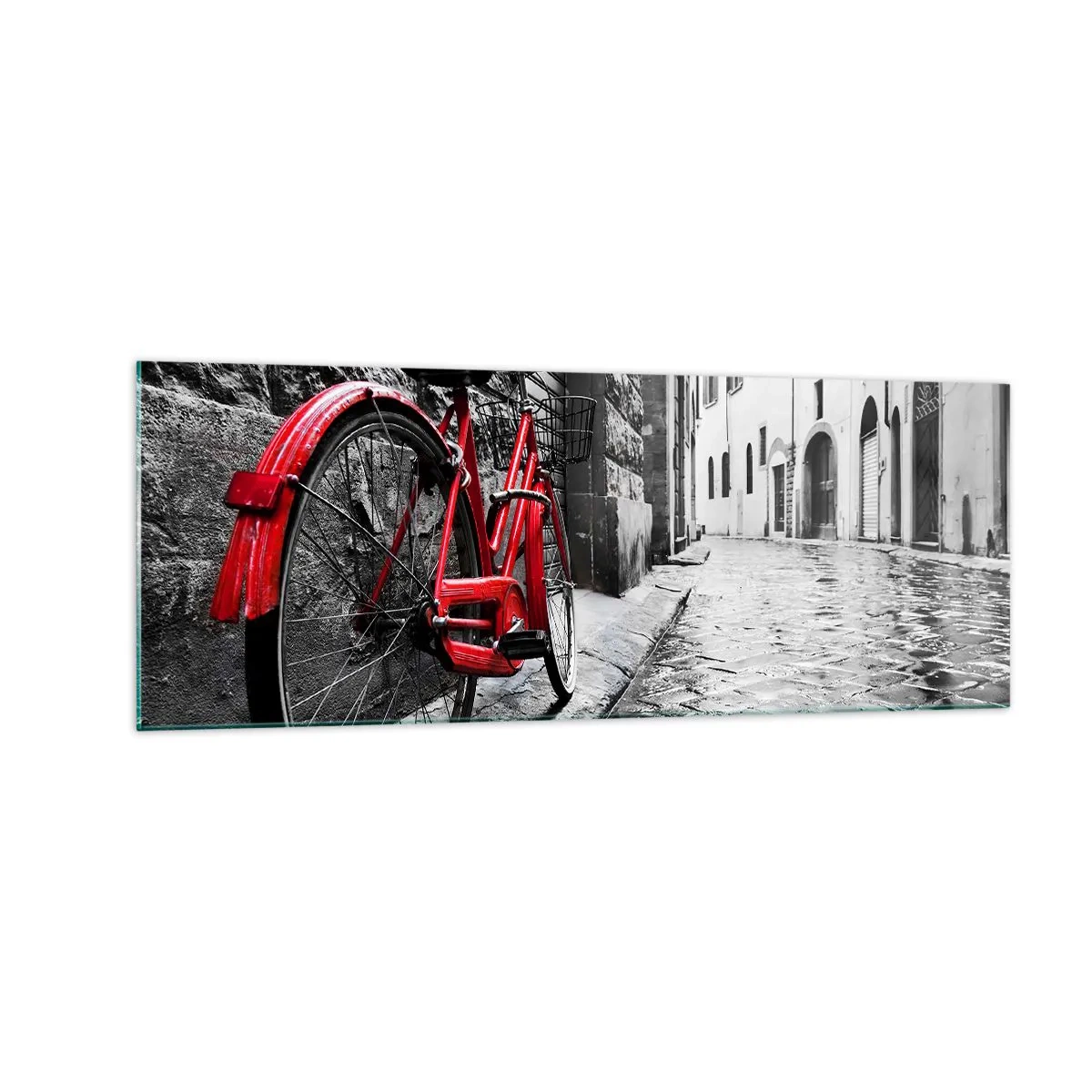 Cuadro sobre vidrio - Impresiones sobre Vidrio - Bicicleta roja en una calle en blanco y negro - 140x50cm - La verdadera belleza no envejece - Decoración de pared moderna para salón y dormitorio ARTTOR