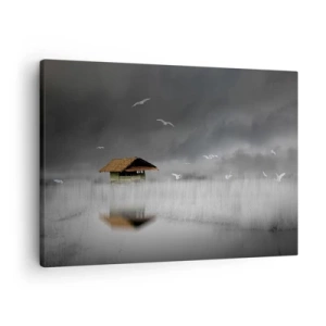 Cuadro sobre lienzo - Impresión de Imagen - Una cabaña solitaria sobre el agua rodeada de niebla y pájaros. - 70x50cm - Resguardo de la lluvia - Decoración de pared moderna para salón y dormitorio ARTTOR