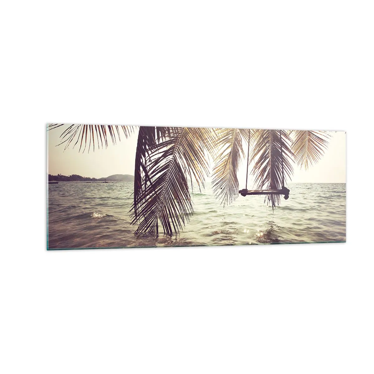 Cuadro sobre vidrio - Impresiones sobre Vidrio - Palmera con columpio sobre el agua bajo la luz del sol. - 140x50cm - Columpiar la imaginación - Decoración de pared moderna para salón y dormitorio ARTTOR