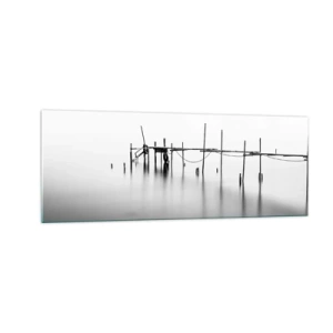 Cuadro sobre vidrio - Impresiones sobre Vidrio - Un embarcadero en blanco y negro inmerso en un paisaje brumoso. - 140x50cm - ¿Y si no hay mundo? - Decoración de pared moderna para salón y dormitorio ARTTOR