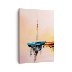 Cuadro sobre lienzo - Impresión de Imagen - Barcos coloridos en aguas tranquilas al atardecer - 50x70cm - Atardecer en el puerto deportivo - Decoración de pared moderna para salón y dormitorio ARTTOR