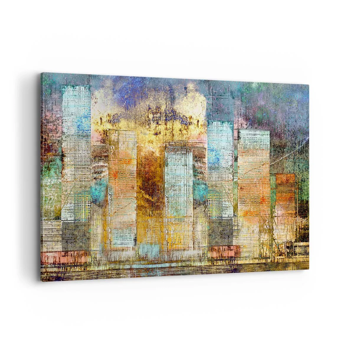 Cuadro sobre lienzo - Impresión de Imagen - Rascacielos abstractos de estilo industrial - 120x80cm - Metrópolis soleada - Decoración de pared moderna para salón y dormitorio ARTTOR