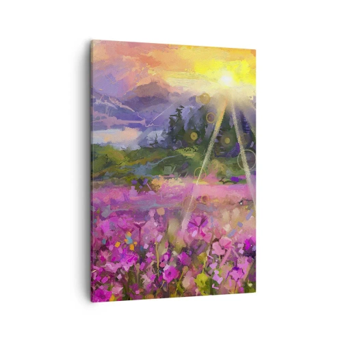 Cuadro sobre lienzo - Impresión de Imagen - Un prado pintoresco bajo los rayos del sol poniente. - 50x70cm - En un valle bajo la protección del sol - Decoración de pared moderna para salón y dormitorio ARTTOR
